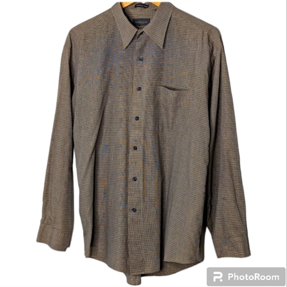 VanHeusen Wrinkle Free Brown Charcoal Grey Plaid Dress Shirt size Men's L 16